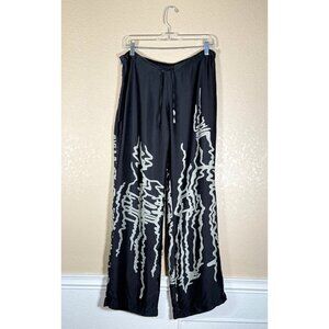 QUARZIA Women's Wide Leg Pants 100% Silk With Abstract Print Black